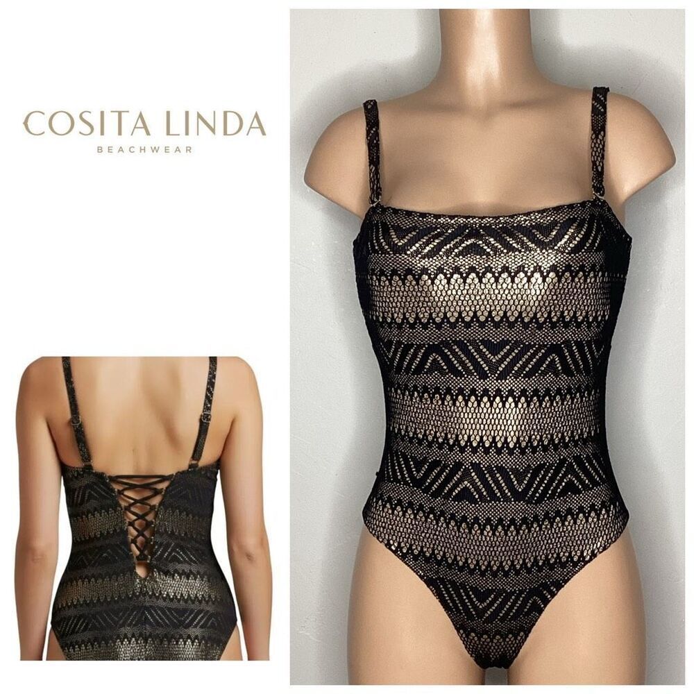 New. Gold lamé and black one piece swimsuit. Medium. Retails $209